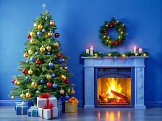 Christmas decor fireplace blue wall ornaments gifts, dorned with a wreath and candles against a blue wall.
