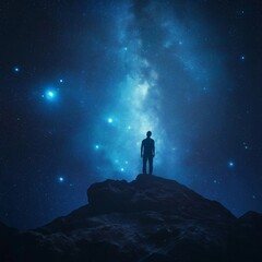 Obraz premium A lone figure stands on a mountain peak gazing at the breathtaking, starry night sky, filled with wonder.