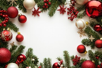 Create a festive Christmas poster background in white, adorned with holiday decorations around the edges, leaving the center blank for content.