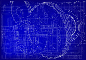 Gears, bearing and other parts on a blue background.