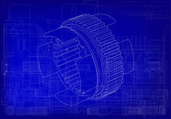 Gear on a blue background. Mechanical engineering.
