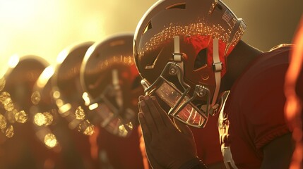 Unity in Prayer: American Football Team Gathering for Pre-Game Prayer with Heads Bowed and Hands Together in Camaraderie under Ultra-Detailed, Cinematic Light