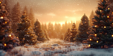 Fototapeta premium A Christmas tree farm with four christmas trees lined up horizontal and decorated with lights , snowy grass floor, dreamy glow