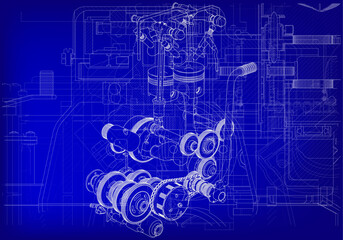 Two-cylinder engine on a blue background. Mechanical engineering.