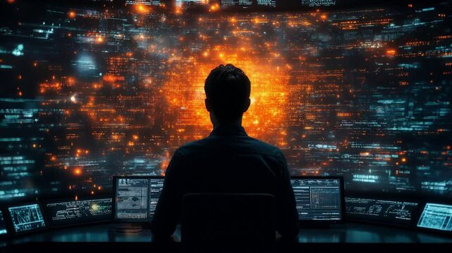 Businessman Interacting with Digital Screens in Futuristic High Tech Data Room, HD high quality.