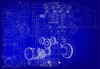 Two-cylinder engine on a blue background. Mechanical engineering.