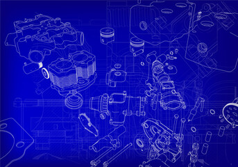 Engine parts on a blue background. Mechanical engineering.
