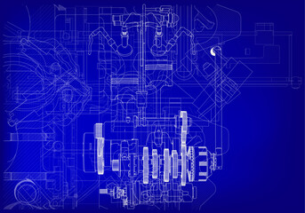 Two-cylinder engine on a blue background. Mechanical engineering.