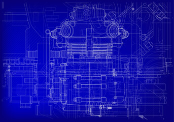 Two-cylinder engine on a blue background.