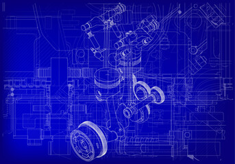 Two-cylinder engine on a blue background. Mechanical engineering.