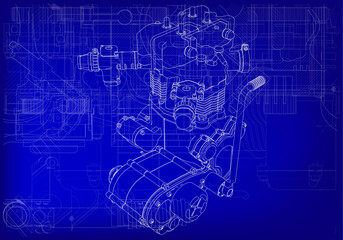 Two-cylinder engine on a blue background.