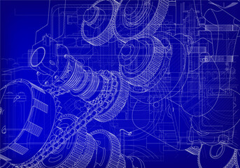 Two-cylinder engine on a blue background.