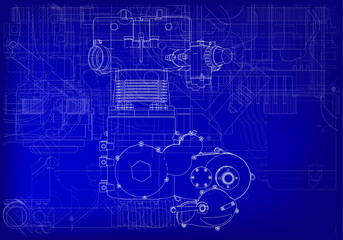 Two-cylinder engine on a blue background.