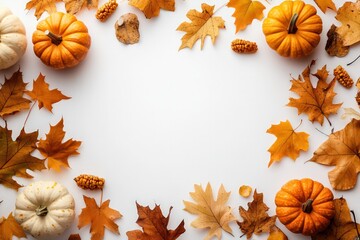 Design a minimalistic autumn background with a stark white surface, accented by clean, well-defined fall elements like golden leaves and muted orange pumpkins. 