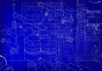 Two-cylinder engine on a blue background.