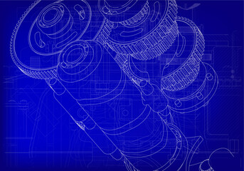 Motorcycle gearbox on blue background.
