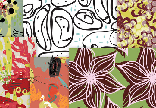 Seamless Pattern Collection with Hand Drawn Rough Abstract Strokes and Floral Elements