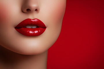 Obraz premium Woman with red lipstick is shown with a red background