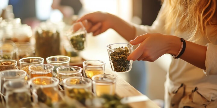Woman choosing organic loose leaf tea from jars on sunlit counter, highlighting wellness.
