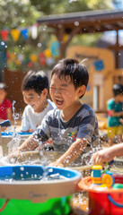 Joyful Preschoolers Engaging in Outdoor Water Play with Toys and Buckets