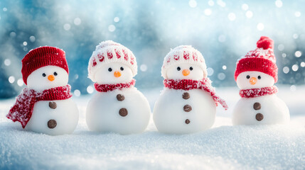 Happy snowman in winter. Christmas background with snow and blurred bokeh with copy space.