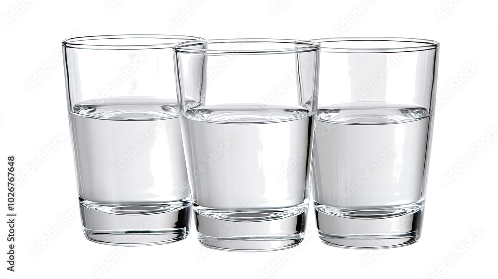 Poster three clear glasses filled with refreshing water on a table generative ai