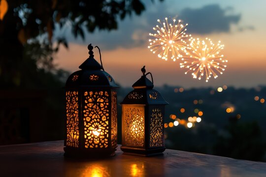 diwali lamps, indian rustic ambience, side view wide angle, in the terrace with fireworks in the sky - Powered by Adobe