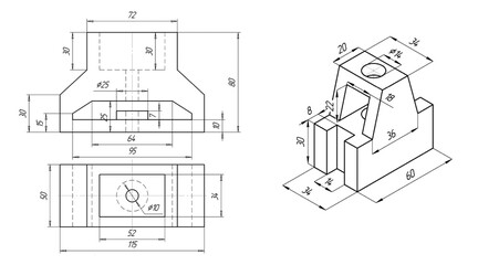 Fototapeta premium Sketch and 3d model of steel mechanical part with through holes and dimensional lines. Background with engineering cad scheme. Technical hand drawn drawing on white paper sheet. Technology design.