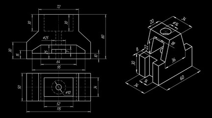 Sketch and 3d model of steel mechanical
part with through holes and dimensional lines.
Background with engineering cad scheme.
Technical drawing. 
Technology design of machine building industry. 