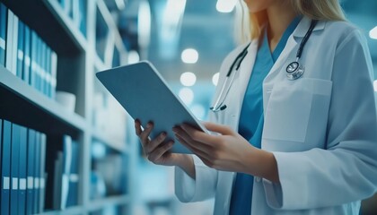 Female Doctor Utilizing Laptop And Digital Tablet In Doctor'S Office, Medical Student Engages In Healthcare And Medicine Research.