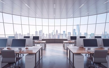Office space featuring desks and computers arranged in front of a large window, allowing natural light to fill the room