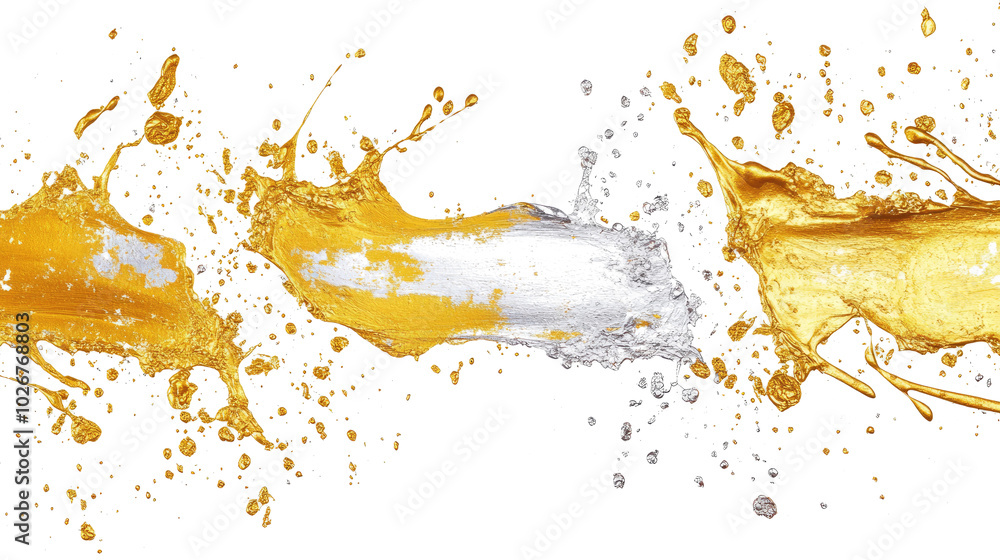 Poster colorful gold and silver paint splats creating dynamic visual splashes generative ai