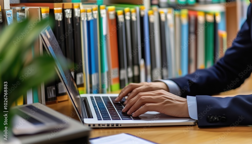 Poster it consultant sets up document management system on laptop in office with document directory for arc