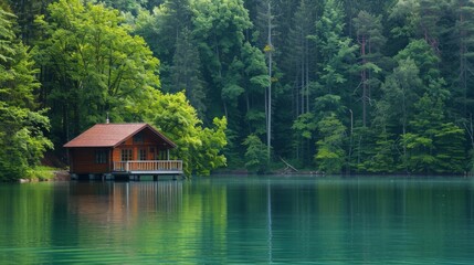 Fototapeta premium A small wooden cabin sits on stilts in a tranquil lake, surrounded by a lush green forest.