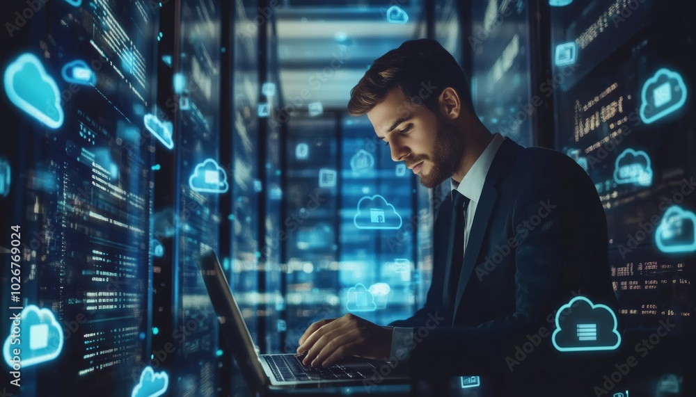 Poster virtual screen showing database directory, e-document, and paperless office concept as businessman w