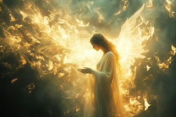 A radiant portrayal of the Annunciation, featuring the angel Gabriel emerging before Mary in a brilliant aura of heavenly light