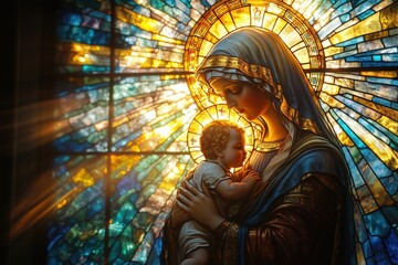 A sunlit church window features a vibrant mosaic depicting the Virgin Mary holding baby Jesus, enveloped in a radiant aura 