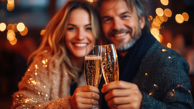Brindis con champ&aacute;n de una pareja en &eacute;poca de fiestas y celebraciones, navide&ntilde;as y de A&ntilde;o Nuevo.