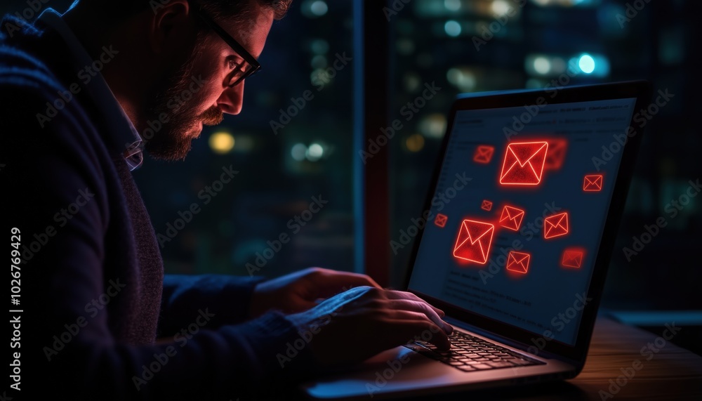 Poster network security: businessman at home blocking spam and phishing emails on laptop with warning pop-u