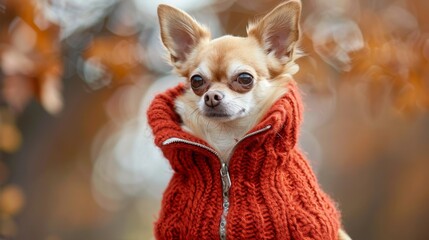 A small chihuahua dog wearing a red knitted sweater looks at the camera with its big brown eyes.