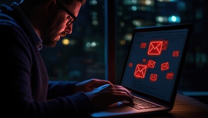 Network Security: Businessman At Home Blocking Spam And Phishing Emails On Laptop With Warning Pop-Up Window Displayed On Screen.