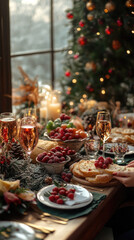 Fototapeta premium Portentosa cena, navideña en familia, concepto de fiestas de fin de año, y Reyes Magos. Cena con pavo, a las luces de la vela y toda la familia, sonriendo, bebidas, vino y el árbol de Navidad, que sie