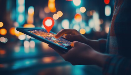 Man Uses Gps Map On Mobile Device To Pin Address Location For Social Media Marketing In Business And Technology Concept. Double Exposure In City.