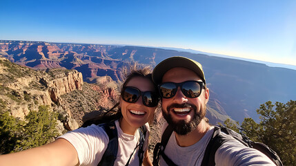 Naklejka premium Happy couple enjoying outdoor adventure at Grand Canyon, smiling with stunning view.