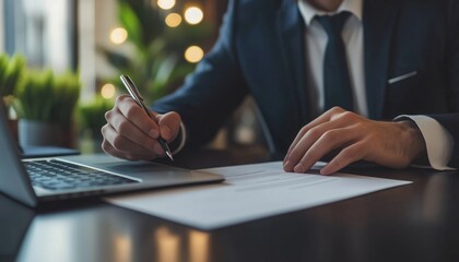 Close-Up Shot Of A Businessman Filling Paper Business Document, Signing Contract, And Working On Laptop Computer In Modern Office