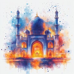 Hand Drawn Mosque Sketch with Watercolor Background for Eid Mubarak Greetings Card - Ramadan Kareem Celebration Vector Illustration