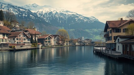 Naklejka premium Spring blossoms in a charming Swiss village, showcasing vibrant houses beside a tranquil river with majestic mountains in the distance. Generative AI