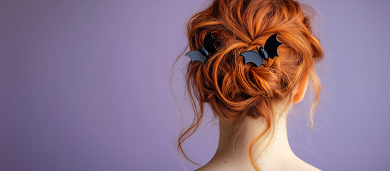 Halloween hair salon promotion featuring stylish bat hair accessory for spooky and elegant hairstyles. Space for text