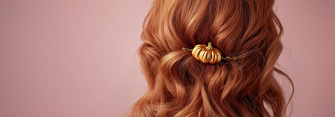 Autumn hair salon promotion banner template featuring festive pumpkin hair accessory for Halloween and Thanksgiving styles. Space for text,