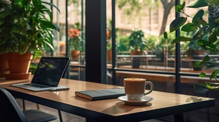 Obraz premium Cozy coffee shop interior with notebook, pencil and cup of hot drink on table